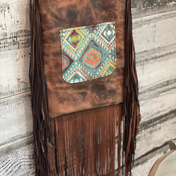 Aztec print with fringe crossbody purse with adj strap leather USA made - Picture 12 of 14